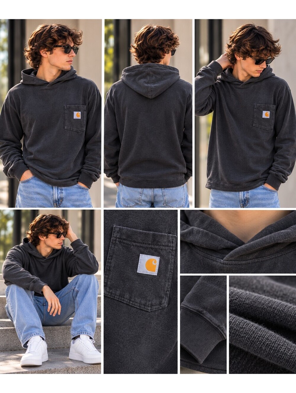 Carhartt Charcoal Grey Hooded Long Sleeve Pocket Tee Men’s Workwear Streetwear